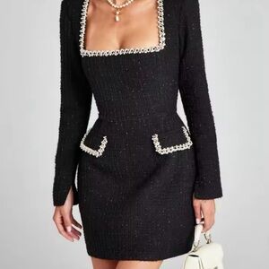 Black Mini Sheath Dress with Long Sleeves and Square Neckline for Cocktail